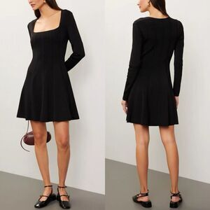 TOCCIN Skylar Flare Mini Dress Women Small Black Knit Square Neck Long Sleeve